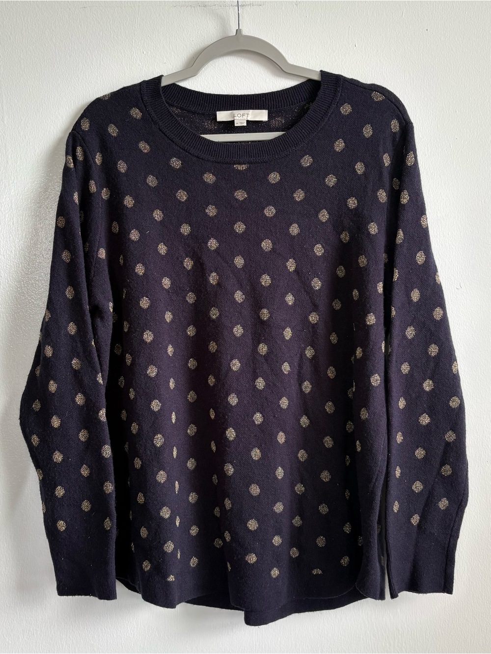 LOFT Navy Gold Polka Dot Glitter Knit Crew Neck Pullover Sweater Women’s XL
